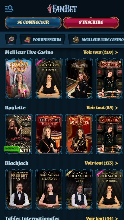 Live Jeux sur FamBet Casino Jouer des Top Jeux en Direct sur Casino Fam Bet 1 et Gagnez !