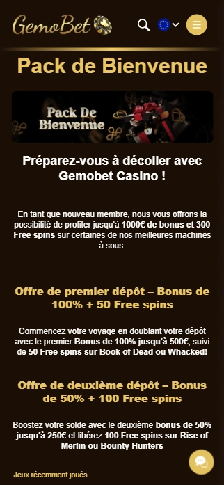 Bonus de Bienvenue au Casino Gemo-Bet BetGemo Casino avec Bonus sans Dépôt en France