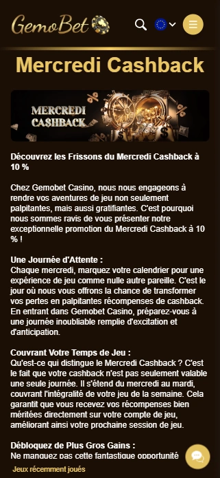 Cashback au Casino Gemo-Bet CashBack du Mercredi Bonus au Casino BetGemo