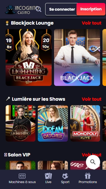 Live Jeux au Casino Incognito Casino Incognito Francophone avec Croupiers en Direct Jeux