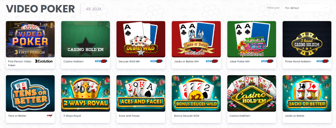 Jeux de Video Poker dans les Casinos sur Internet FR