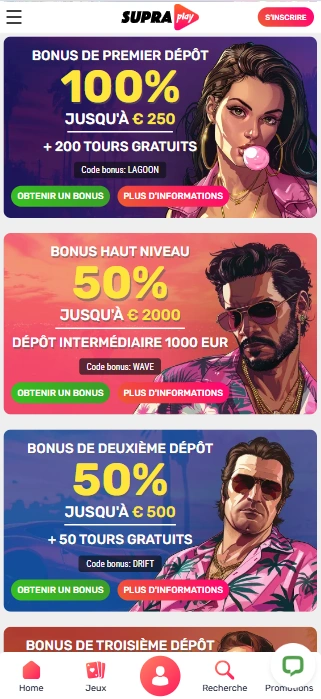 Bonus de Bienvenue au SupraPlay Casino Meilleur Bonus sans Dépôt en Casino PlaySupra en Ligne