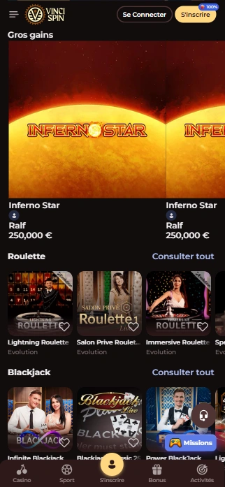 Live Jeux en Casino VinciSpin Jouer Maintenant au Casino en Ligne Spin Vinci avec Top Jeux en Direct